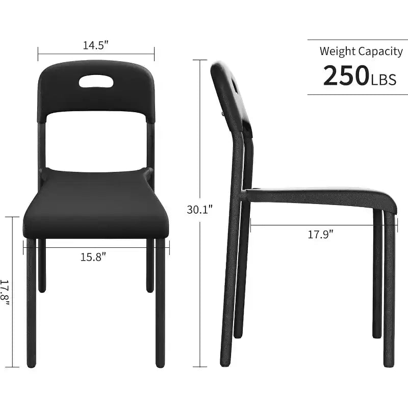 Chaise de cuisine moderne empilable, cadre en plastique avec pieds en métal, imperméable et antitache, noir