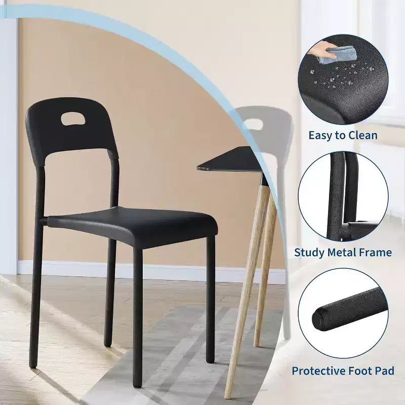 Chaise de cuisine moderne empilable, cadre en plastique avec pieds en métal, imperméable et antitache, noir