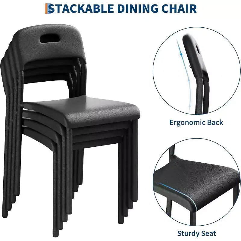 Chaise de cuisine moderne empilable, cadre en plastique avec pieds en métal, imperméable et antitache, noir