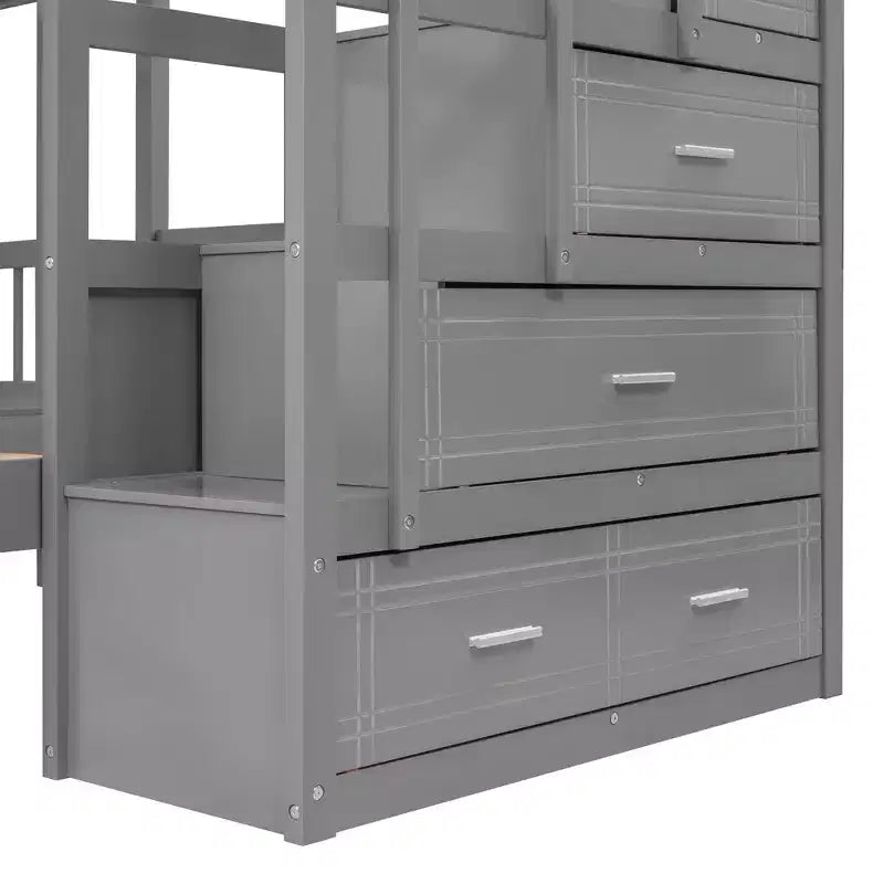 Lit superposé triple en bois avec tiroirs et barrières de sécurité, lit double en hauteur et lits jumeaux