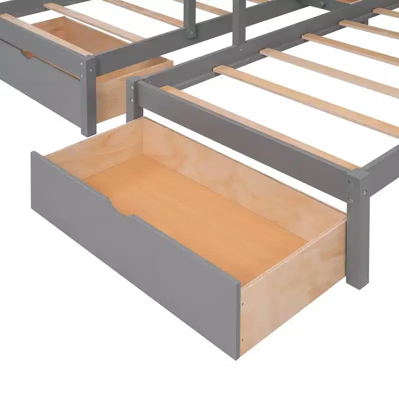 Lit superposé triple en bois avec tiroirs et barrières de sécurité, lit double en hauteur et lits jumeaux
