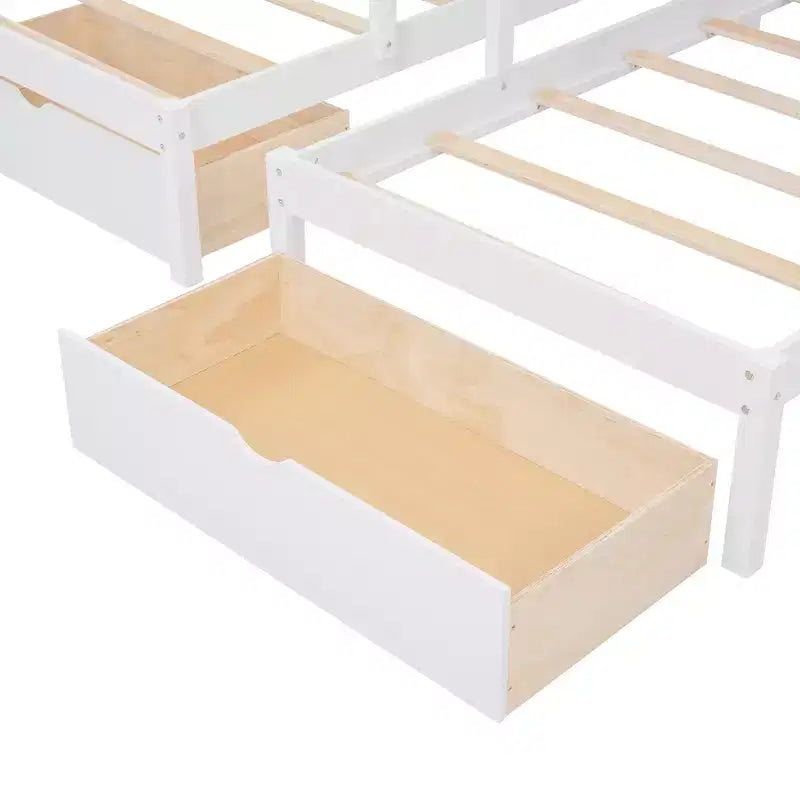 Lit superposé triple en bois avec tiroirs et barrières de sécurité, lit double en hauteur et lits jumeaux