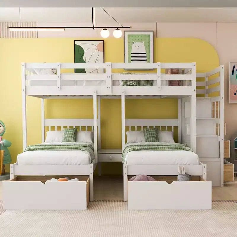 Whisen Full Over Twin &amp; Twin Bunk Bed, Wood Triple Bunk Bed with Drawers and Guardrails