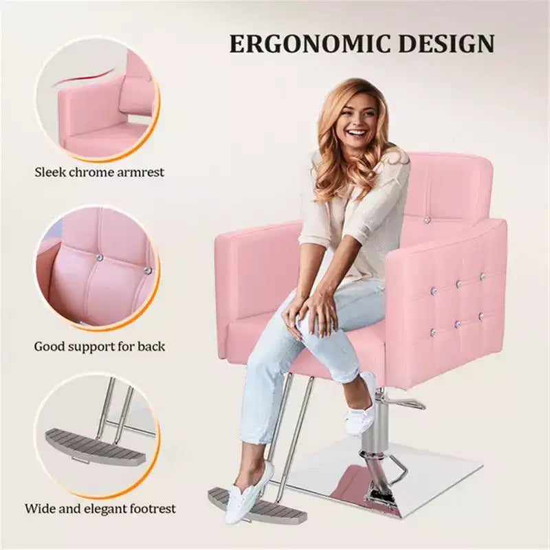 Chaise de salon de coiffure hydraulique rose robuste avec accents en losanges
