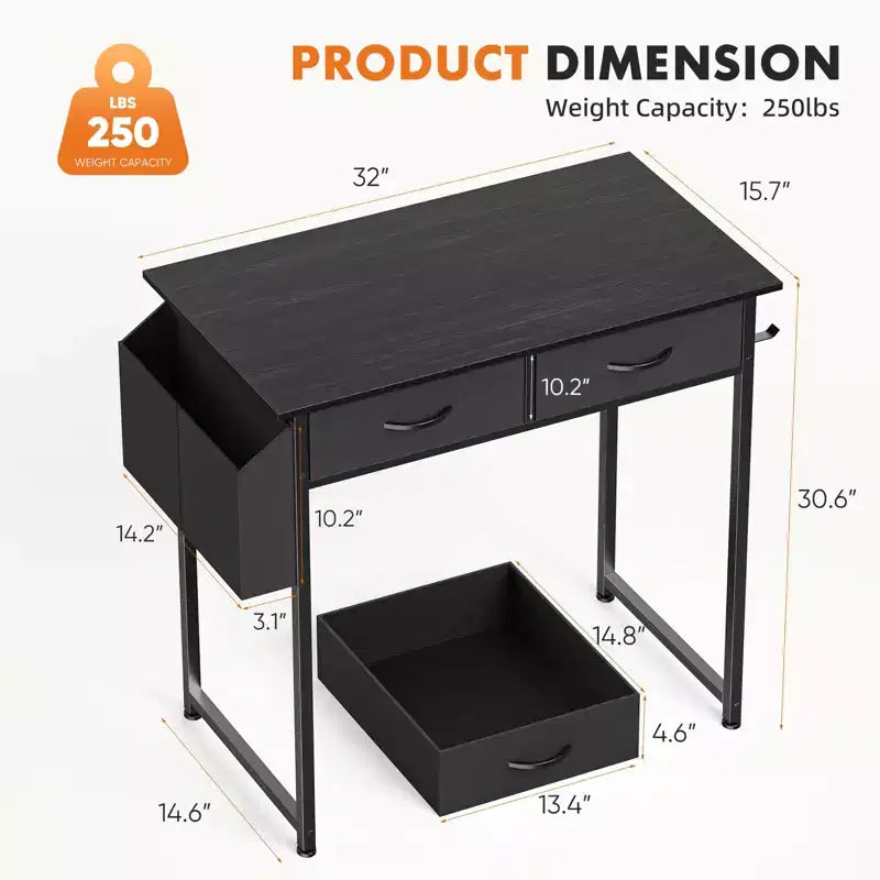 Bureau d'ordinateur compact réglable 32 pouces, table d'étude en métal avec rangement et crochet pour casque, bureau à domicile