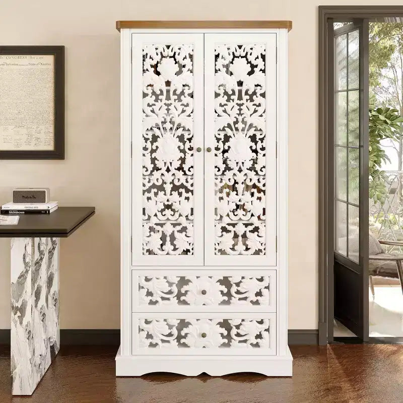 Famapy White Bookcase with Classic Aesthetics:Ornate Hollow Relief Doors &amp; Versatile Storage