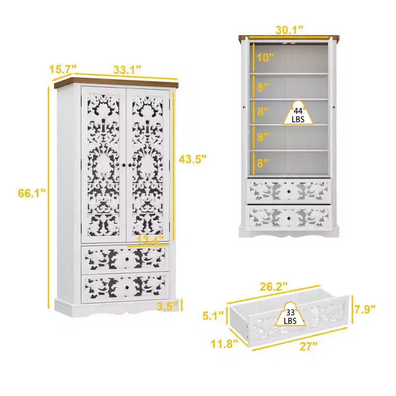 Bibliothèque blanche à l'esthétique classique : Portes à relief creux orné et rangement polyvalent