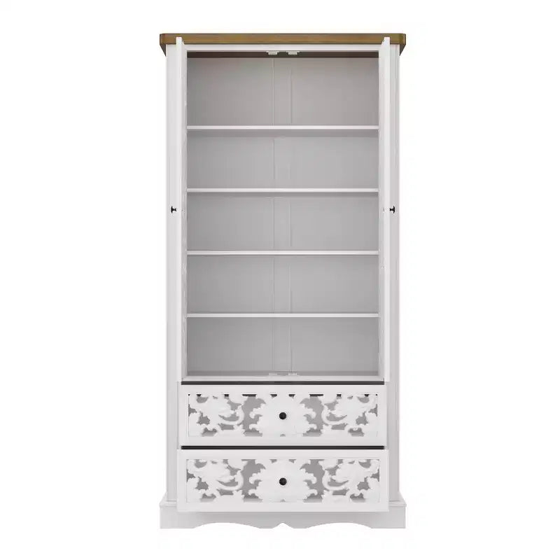 Bibliothèque blanche à l'esthétique classique : Portes à relief creux orné et rangement polyvalent