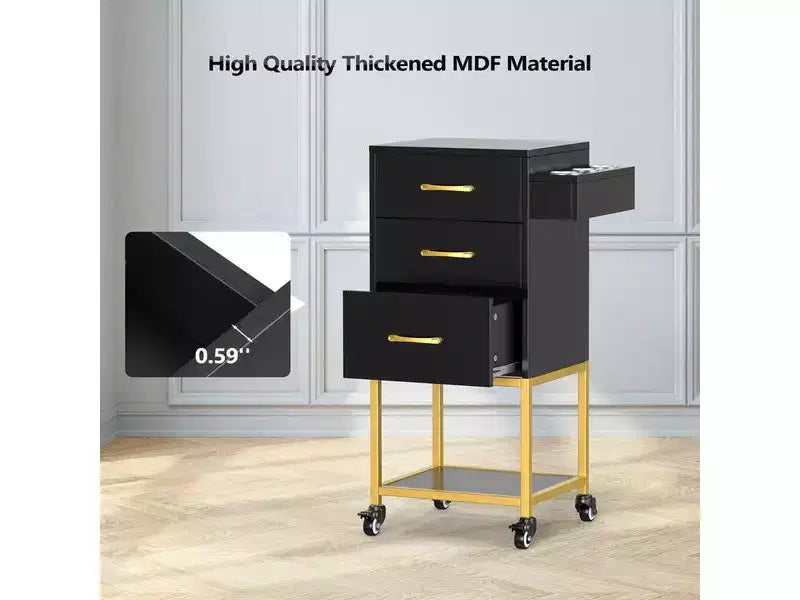 Chariot de rangement à roulettes en bois noir avec 3 tiroirs