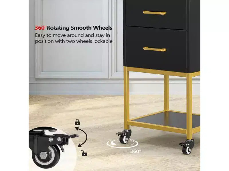 Chariot de rangement à roulettes en bois noir avec 3 tiroirs