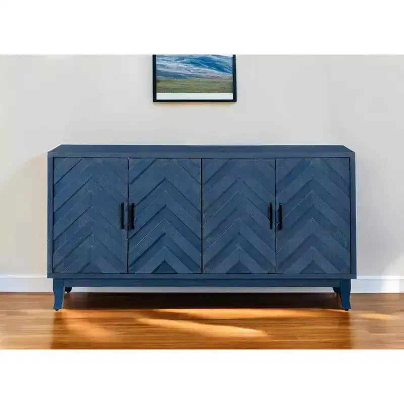 Buffet en bois vieilli bleu texturé à chevrons de 60 po à quatre portes