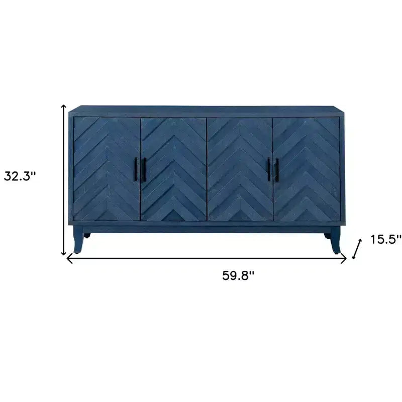 Buffet en bois vieilli bleu texturé à chevrons de 60 po à quatre portes