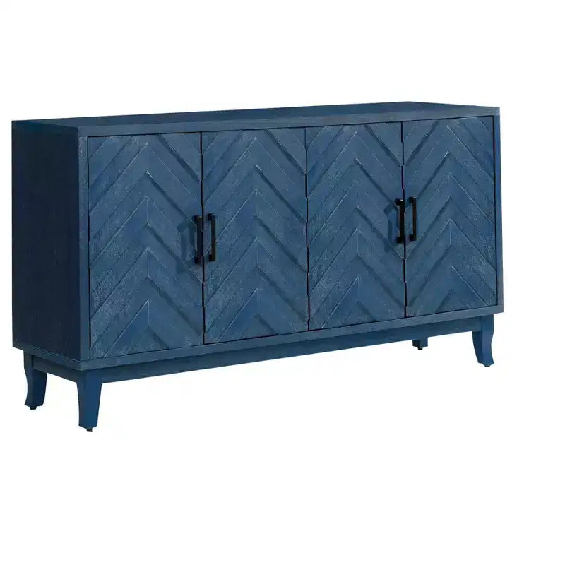 Buffet en bois vieilli bleu texturé à chevrons de 60 po à quatre portes