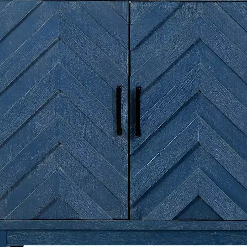 Buffet en bois vieilli bleu texturé à chevrons de 60 po à quatre portes