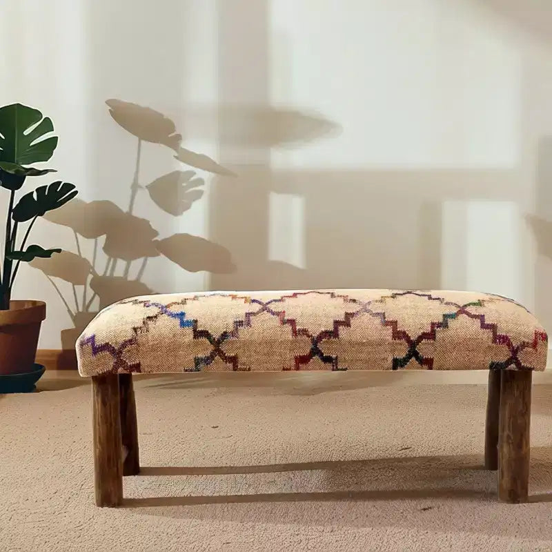 Banc moderne 45 en bois massif et jute tapissé