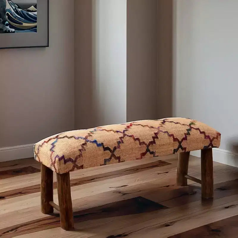 Banc moderne 45 en bois massif et jute tapissé