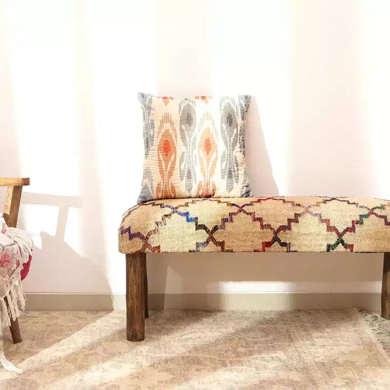 Banc moderne 45 en bois massif et jute tapissé