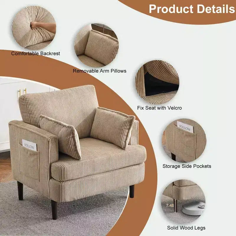 Fauteuil d'appoint moderne en velours côtelé pour salon ou chambre à coucher