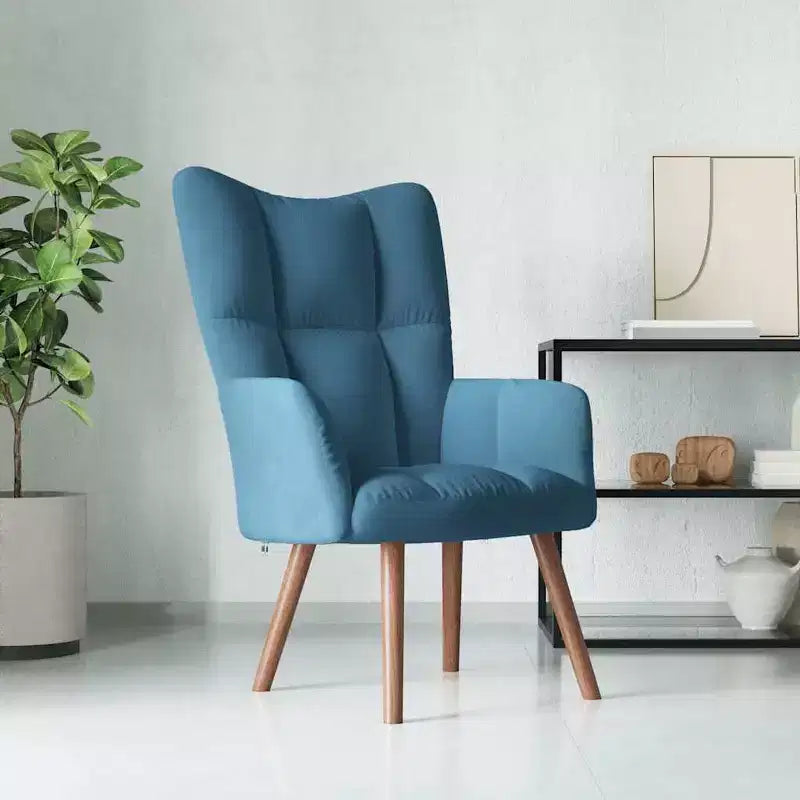 Fauteuil d'appoint en velours bleu avec pieds en bois et cadre en acier - Siège de salon confortable pour le séjour, le bureau ou la chambre