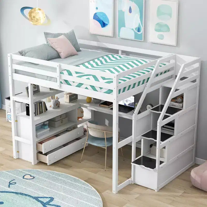 Okak Full/Twin Size Solid Wood Bunk Bed with 2 Built-in Drawers &amp; Storage Staircase Loft Bunk Bed with Desk &amp; Shelves for Kids Teens, Easy Assemble
