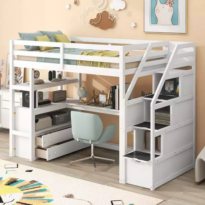 Lit superposé en bois massif double/simple avec 2 tiroirs intégrés et escalier de rangement, lit superposé mezzanine avec bureau et étagères pour enfants et adolescents, facile à monter
