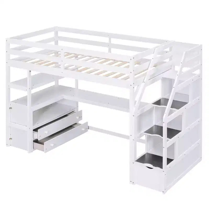 Lit superposé en bois massif double/simple avec 2 tiroirs intégrés et escalier de rangement, lit superposé mezzanine avec bureau et étagères pour enfants et adolescents, facile à monter