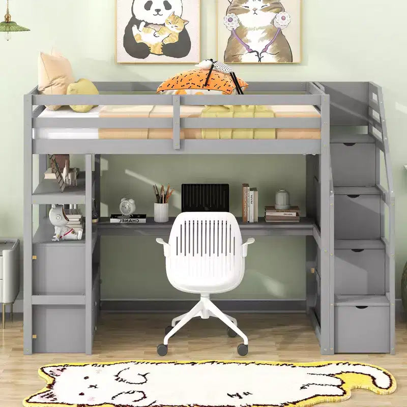 Lit superposé en bois massif double/simple avec 2 tiroirs intégrés et escalier de rangement, lit superposé mezzanine avec bureau et étagères pour enfants et adolescents, facile à monter