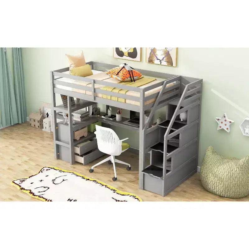 Lit superposé en bois massif double/simple avec 2 tiroirs intégrés et escalier de rangement, lit superposé mezzanine avec bureau et étagères pour enfants et adolescents, facile à monter