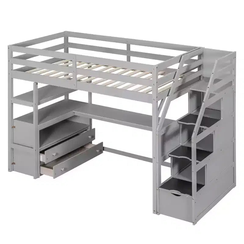 Lit superposé en bois massif double/simple avec 2 tiroirs intégrés et escalier de rangement, lit superposé mezzanine avec bureau et étagères pour enfants et adolescents, facile à monter