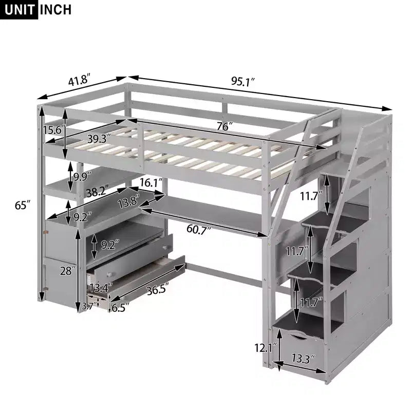 Lit superposé en bois massif double/simple avec 2 tiroirs intégrés et escalier de rangement, lit superposé mezzanine avec bureau et étagères pour enfants et adolescents, facile à monter