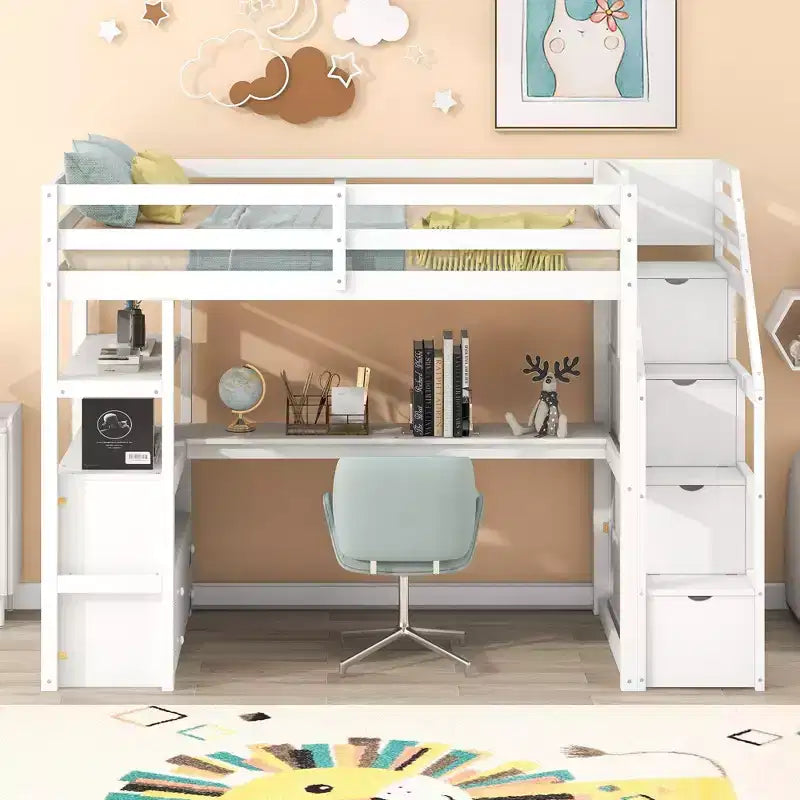 Lit superposé en bois massif double/simple avec 2 tiroirs intégrés et escalier de rangement, lit superposé mezzanine avec bureau et étagères pour enfants et adolescents, facile à monter