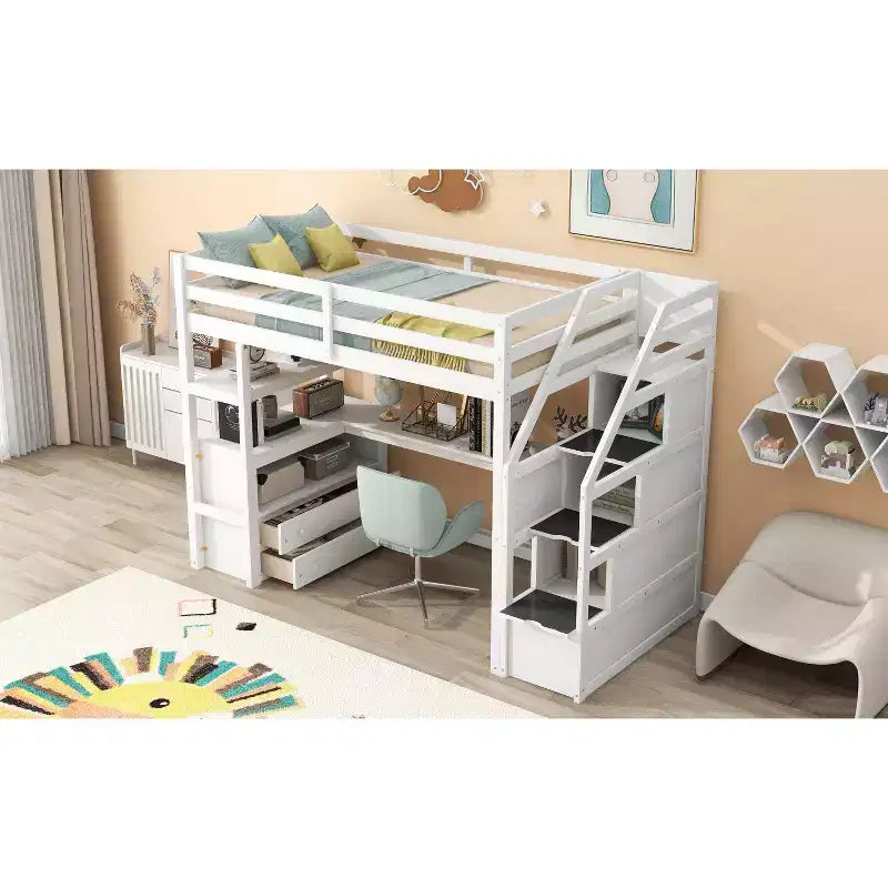 Lit superposé en bois massif double/simple avec 2 tiroirs intégrés et escalier de rangement, lit superposé mezzanine avec bureau et étagères pour enfants et adolescents, facile à monter