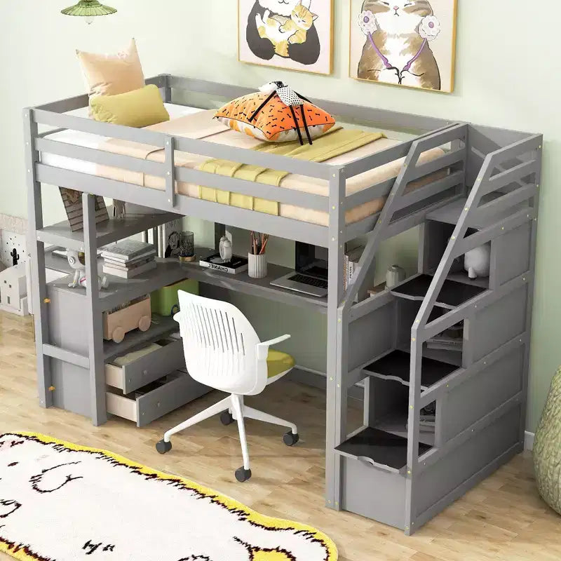 Lit superposé en bois massif double/simple avec 2 tiroirs intégrés et escalier de rangement, lit superposé mezzanine avec bureau et étagères pour enfants et adolescents, facile à monter