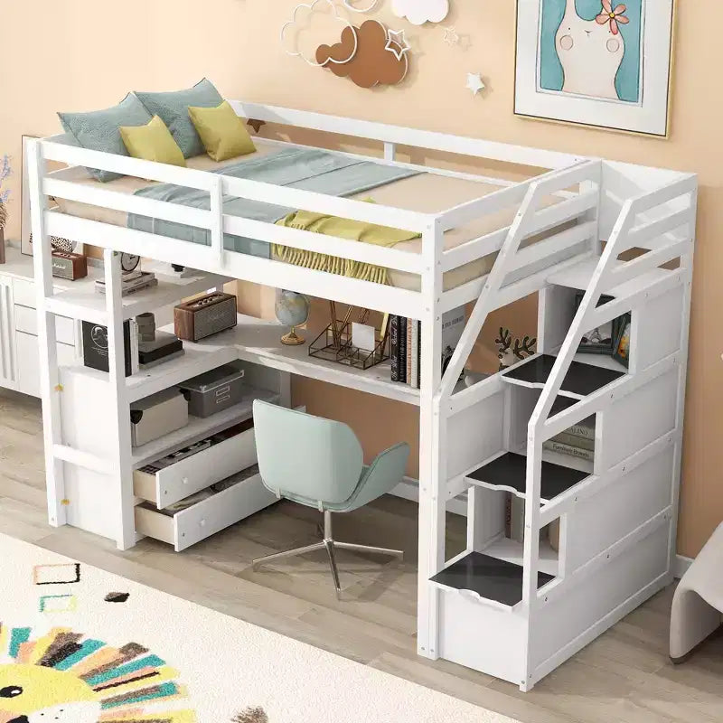 Lit superposé en bois massif double/simple avec 2 tiroirs intégrés et escalier de rangement, lit superposé mezzanine avec bureau et étagères pour enfants et adolescents, facile à monter