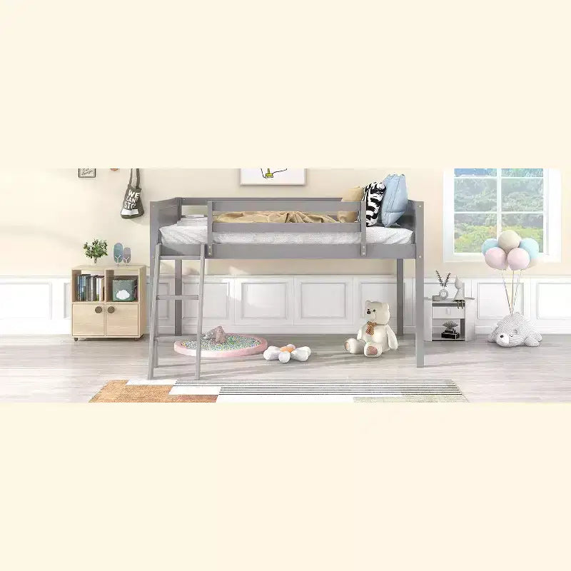 Lit superposé simple/double en bois massif, lit mezzanine bas avec échelle convertible gauche/droite et barrière de sécurité pour enfants et adolescents, facile à assembler