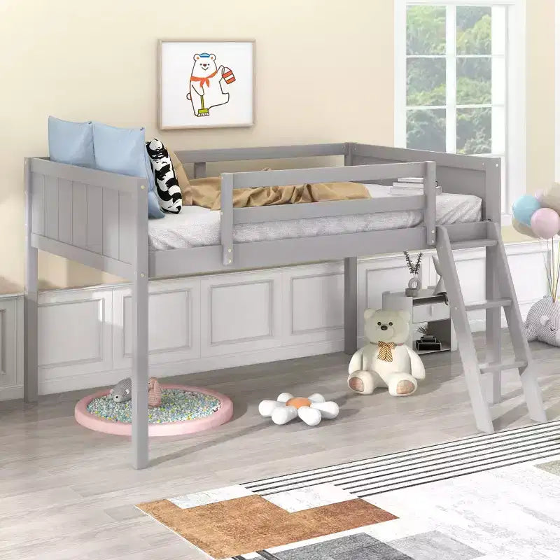 Lit superposé simple/double en bois massif, lit mezzanine bas avec échelle convertible gauche/droite et barrière de sécurité pour enfants et adolescents, facile à assembler