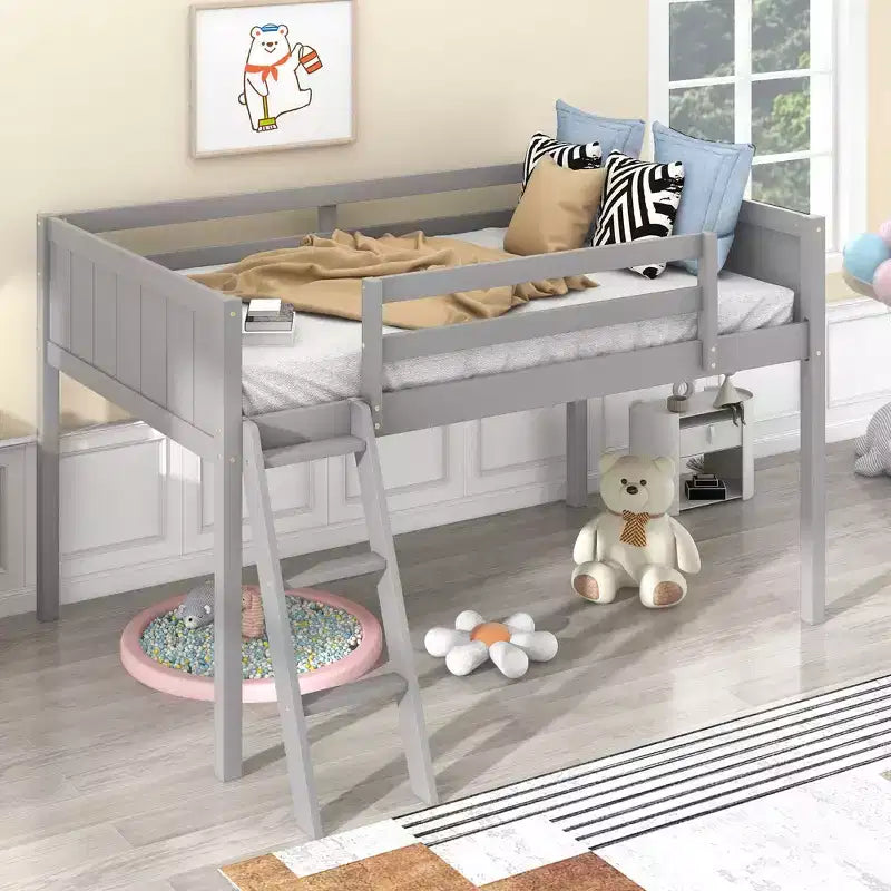 Lit superposé simple/double en bois massif, lit mezzanine bas avec échelle convertible gauche/droite et barrière de sécurité pour enfants et adolescents, facile à assembler
