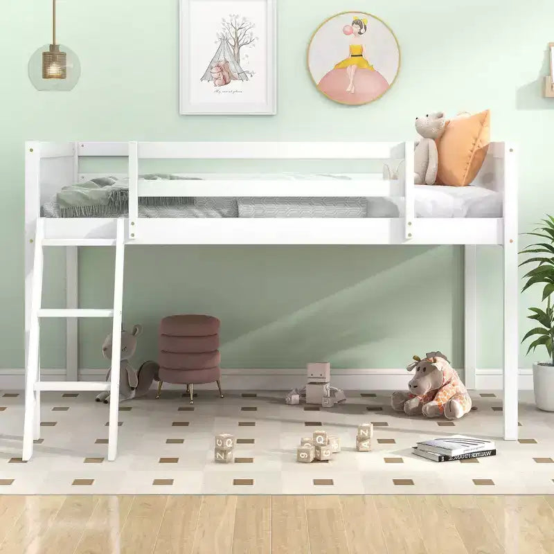 Lit superposé simple/double en bois massif, lit mezzanine bas avec échelle convertible gauche/droite et barrière de sécurité pour enfants et adolescents, facile à assembler