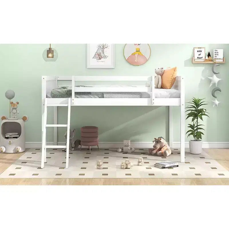 Lit superposé simple/double en bois massif, lit mezzanine bas avec échelle convertible gauche/droite et barrière de sécurité pour enfants et adolescents, facile à assembler