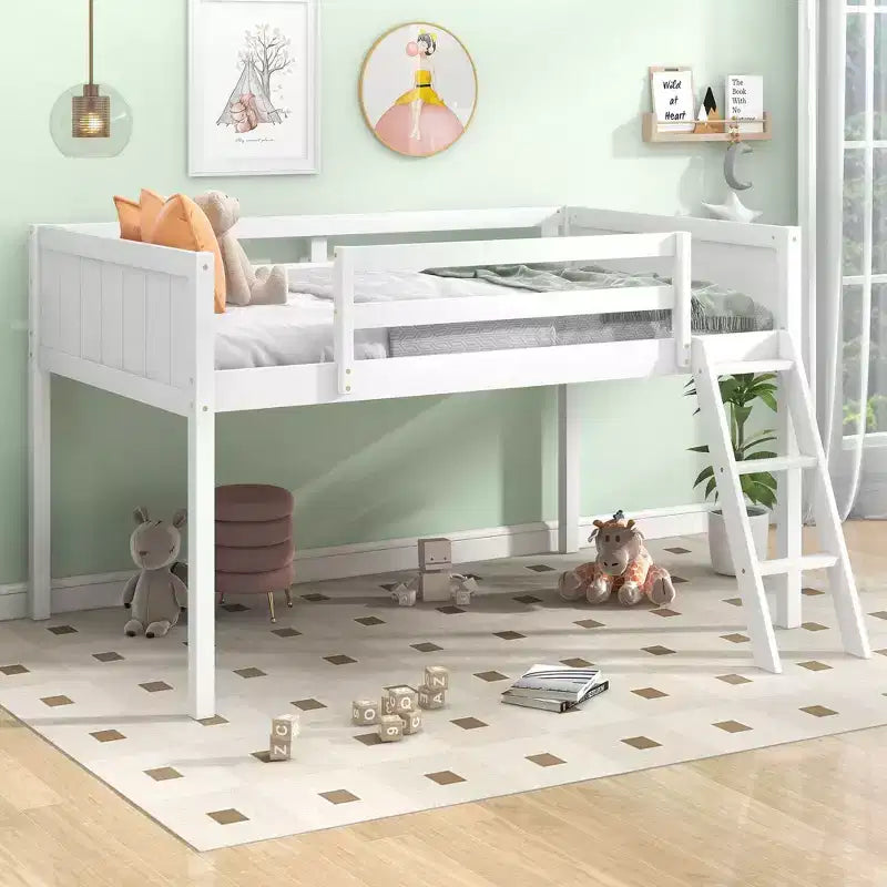 Lit superposé simple/double en bois massif, lit mezzanine bas avec échelle convertible gauche/droite et barrière de sécurité pour enfants et adolescents, facile à assembler