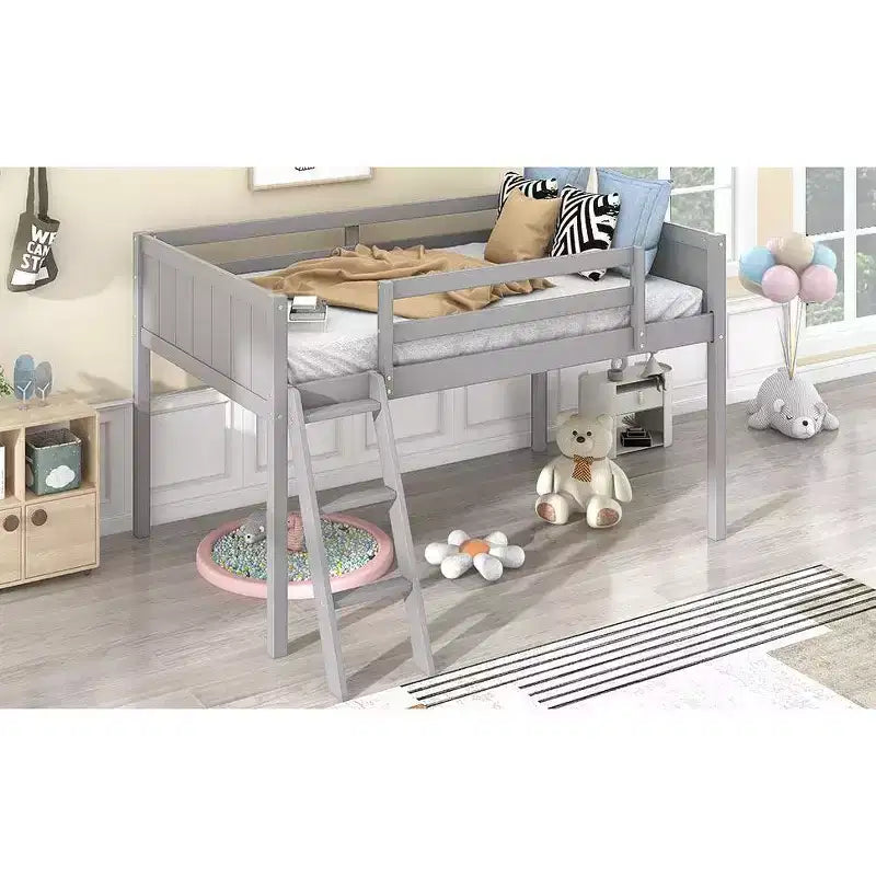 Lit superposé simple/double en bois massif, lit mezzanine bas avec échelle convertible gauche/droite et barrière de sécurité pour enfants et adolescents, facile à assembler