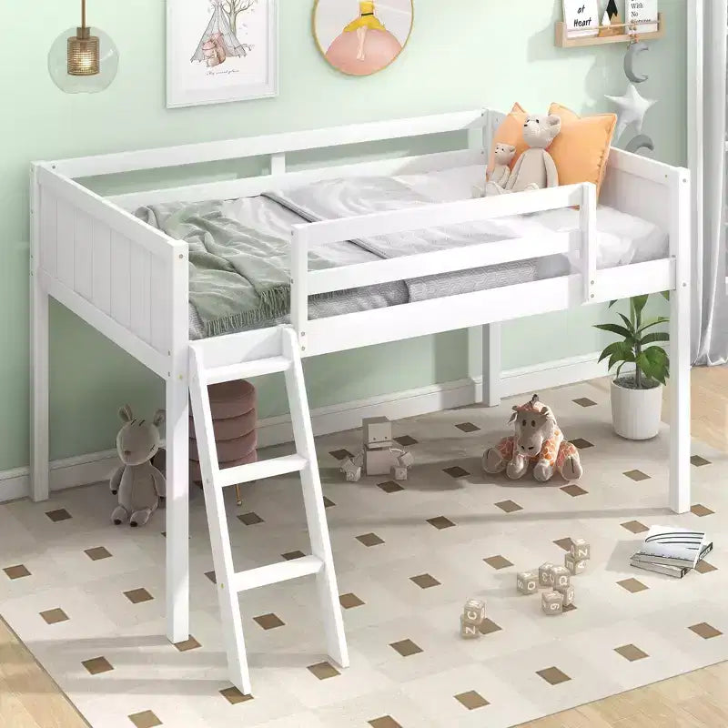 Okak Twin/Full Size Solid Wood Bunk Bed Low Loft Bunk Bed with Convertible Ladder Left/Right &amp; Safety Guardrail for Kids Teens, Easy Assemble