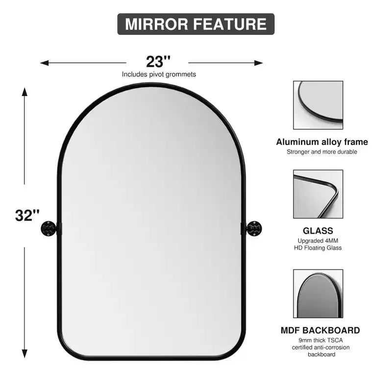 Miroir mural pivotant en métal noir, 32 x 23 pouces, avec arche arrondie en fer forgé