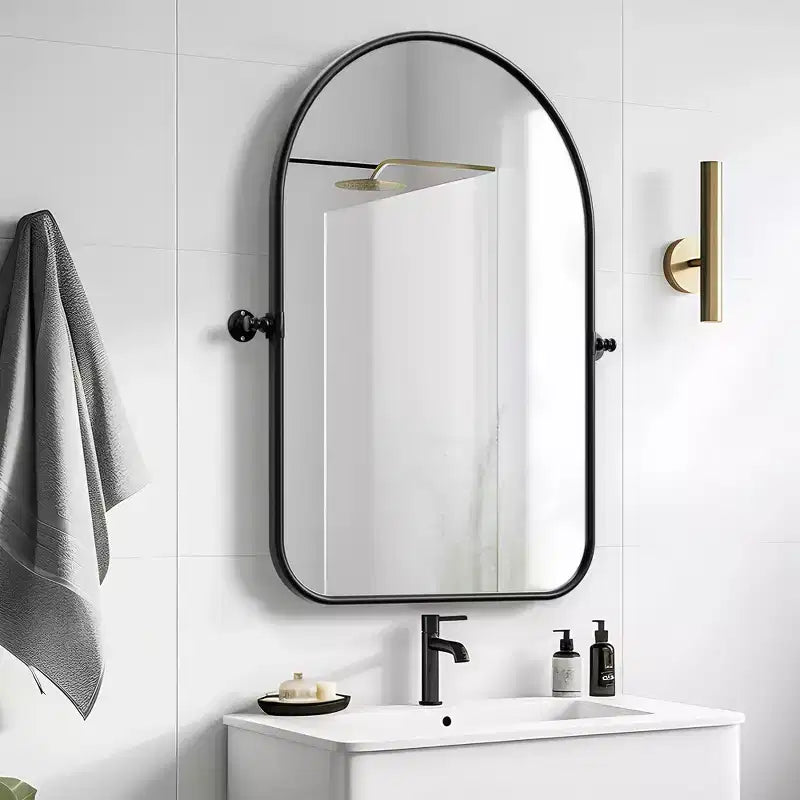 Miroir mural pivotant en métal noir, 32 x 23 pouces, avec arche arrondie en fer forgé