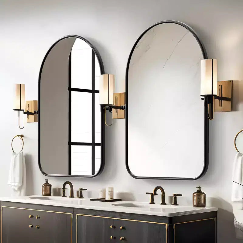 Miroir mural pivotant en métal noir, 32 x 23 pouces, avec arche arrondie en fer forgé