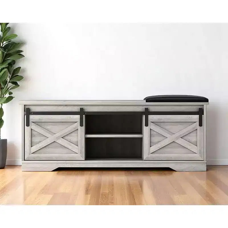 Banc de rangement avec étagères en bois gris et noir et similicuir 47 po