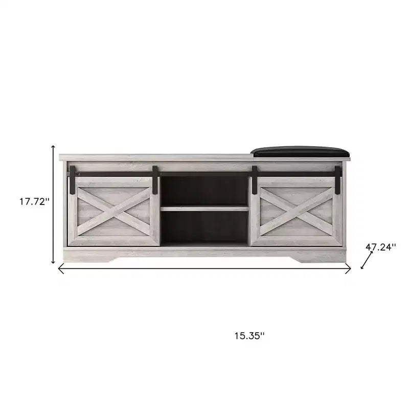 Banc de rangement avec étagères en bois gris et noir et similicuir 47 po