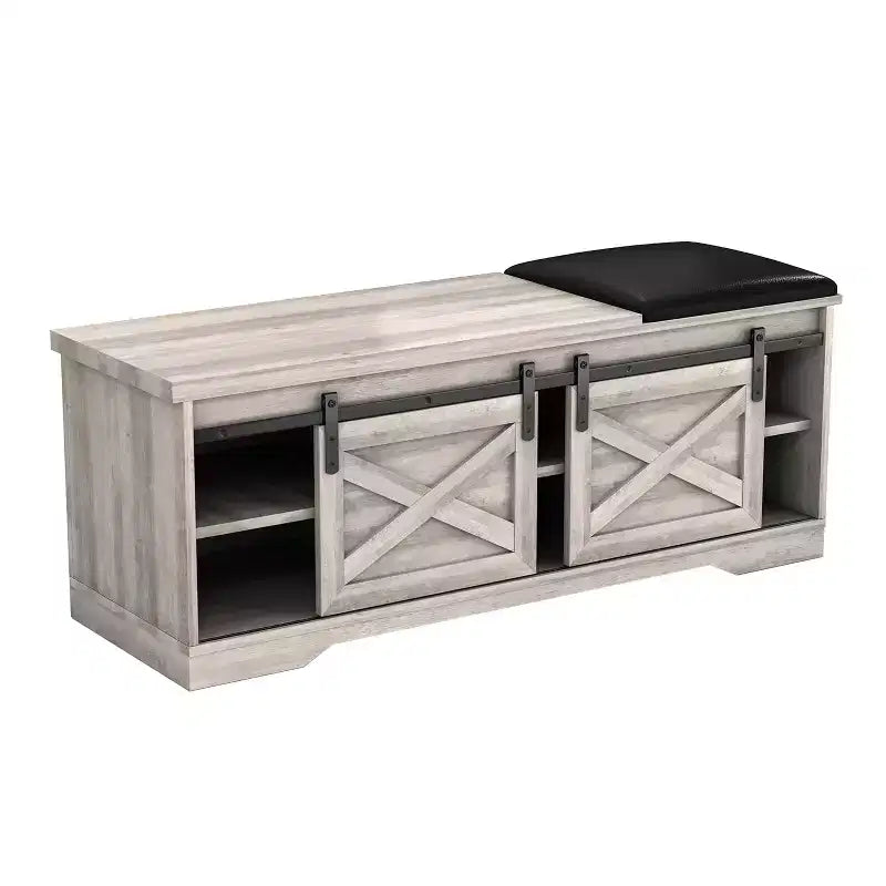 Banc de rangement avec étagères en bois gris et noir et similicuir 47 po