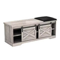 Banc de rangement avec étagères en bois gris et noir et similicuir 47 po