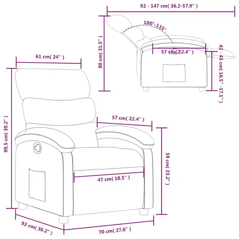Fauteuil inclinable en tissu vert foncé - Siège lounge réglable pour personnes âgées, rembourrage épais, poche latérale, structure en bois et métal, inclinaison manuelle